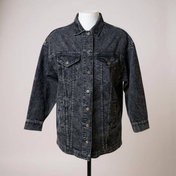 American Eagle Black Denim Jean Jacket M Acid Wash Casual Retro 80s Streetwear - Picture 1 of 11